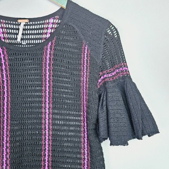 Free People Babes Only Full Crochet Sheer Top in Black Hot Pink, Side Tie Sz Sm - Picture 3 of 8